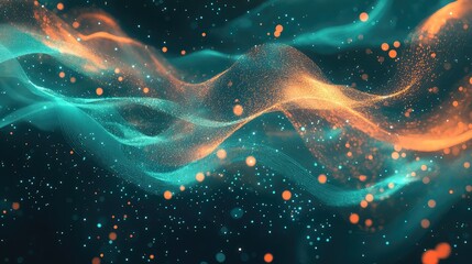 Abstract network creating dynamic waves and intertwining particle streams, representing data flow, digital connections, energy, and technological evolution in glowing colors