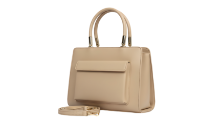Beige leather handbag with shoulder strap and handles isolated on transparent background