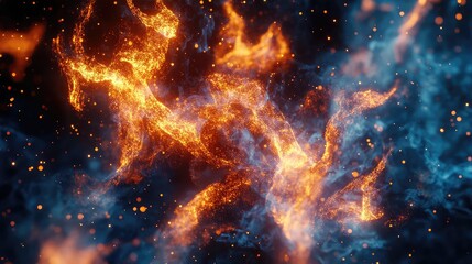 Dynamic stream of glowing orange particles forming abstract plasma shapes intertwining with ethereal blue smoke on a dark background, representing cosmic energy and contrasting forces