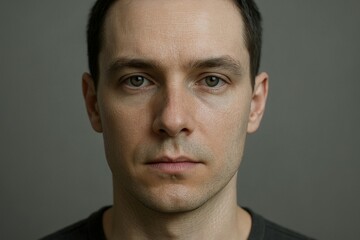 Obraz premium Photorealistic human face with neutral expression, soft studio lighting, artificial intelligence suggested through subtle digital micro-patterns integrated into the skin texture