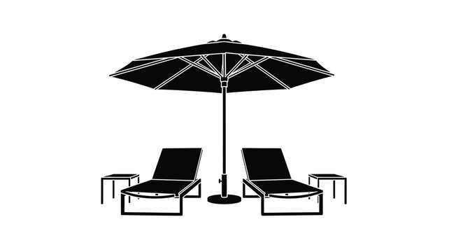 Black beach umbrella with lounge chairs a relaxing summer scene on transparent background silhouette
