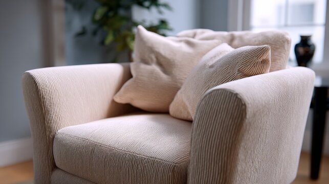 Elegant neutral laura upholstered chair with soft fabric texture for interior design and decoration