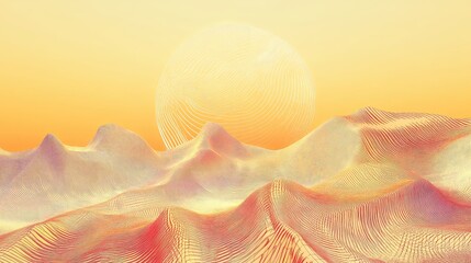 Dynamic abstract wireframe landscape with rolling hills and a large, textured sun on the horizon, creating a vivid digital art impression with gradients of yellow, orange, and red