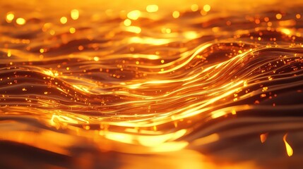 Golden liquid with glowing bright lines and sparkling particles flowing across a textured wavy surface, symbolizing digital data streams, fluid energy transmission, or a luxurious molten substance