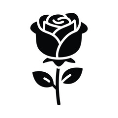 Black silhouette of a single rose with stem and leaves flower white