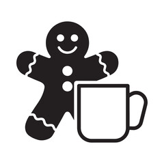 A simple black silhouette of a gingerbread man and a mug