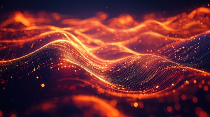 Flowing digital waves composed of glowing orange particles and connecting lines generate an abstract background, symbolizing data transfer, technology, networking, and information processing