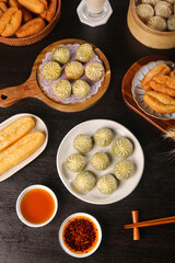 Asian Dim Sum and Fried Bread Sticks Overhead Flat Lay