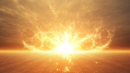 Abstract golden light energy bursting upwards from a glowing digital grid surface, creating a dynamic explosion of particles and light trails against a warm sky