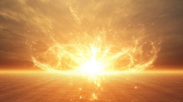 Abstract golden light energy bursting upwards from a glowing digital grid surface, creating a dynamic explosion of particles and light trails against a warm sky
