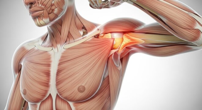 Shoulder Pain Anatomy Illustration of Human Skeleton Muscles Highlighting Injury and Inflammation in Rotator Cuff Area Shoulder Joint with Red Glow Represents Injury on Grey Background