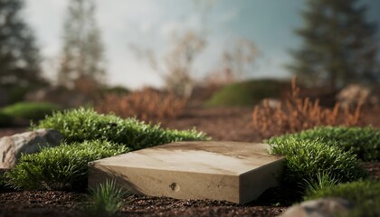 Stone path in a winter garden with isolated pine and snow-covered trees and a touch of Christmas decoration