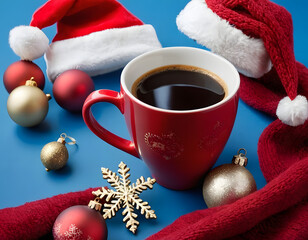 Cozy Christmas coffee cup with Santa hat, scarf and ornaments on a blue background, cup of coffee with christmas gifts