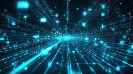 Digital data streams are moving rapidly across a vast abstract network, featuring glowing lines and shimmering particles symbolizing global connection and advanced technology concepts