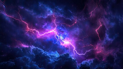 Energetic bolts of purple and pink lightning illuminate a dark. Swirling sky of vibrant blue and purple clouds. Creating a powerful and abstract atmospheric scene depicting energy and cosmic phenomena