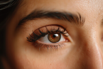 Fototapeta premium An intriguing close-up of a woman's eye reveals rich colors and intricate details, reflecting the surrounding world and evoking a sense of curiosity about personal perception.