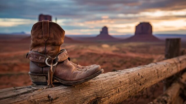 Ultra HD Old worn leather cowboy boots resting on a rustic wooden fence with monument valley desert landscape and buttes at sunset in the background video