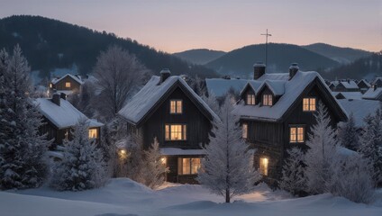 Winter Village at Dusk - Snow-Covered Homes and Distant Mountain Cross.