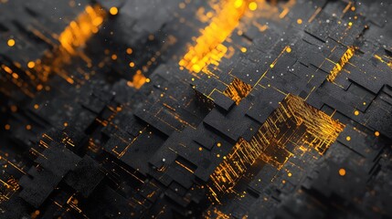 Abstract dark surface features glowing orange lines and dots. Creating a complex digital data network representing technology. Connectivity. And modern information flow across a textured circuit board