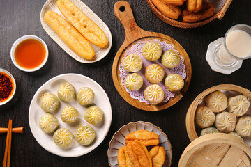 Asian Breakfast Spread with Dumplings, Bread and Condiments