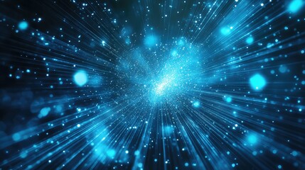 Abstract blue light particles radiating from a central point, creating a dynamic technological background symbolizing data streams, global networks, and digital communication