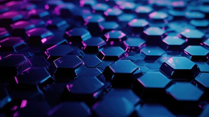Hexagonal pattern creating an abstract background with vibrant blue, cyan, and magenta neon light reflections, representing concepts of technology, data, and digital innovation