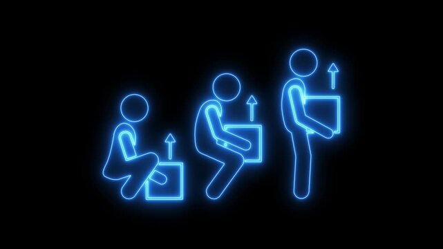 Blue neon glow stick figures demonstrating correct lifting technique with a box on a black background