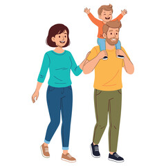 Fototapeta premium Happy caucasian family walk with child on shoulders