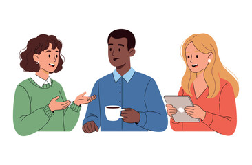 Obraz premium Diverse group of adults engaging in conversation with coffee and tablet