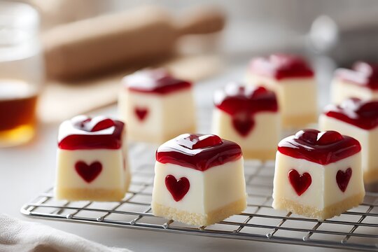 Close-up of elegant mini cheesecake bites with red glaze and heart decorations cooling on a rack. Perfect homemade Valentine's Day dessert.