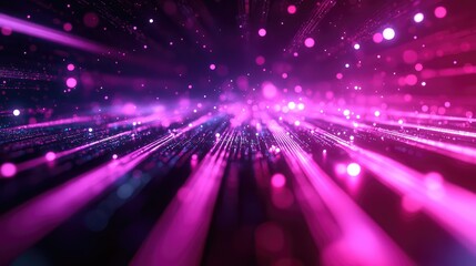 Abstract background showing bright pink and purple light rays and glowing bokeh particles creating a dynamic visual representation of data transfer, high speed connection, and futuristic energy
