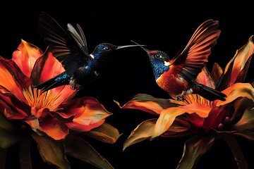 Naklejka premium Two hummingbirds in mid flight feeding near vibrant orange flowers one black with blue accents one multicolored with red and blue