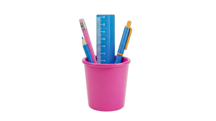 Stationery in a Pink Cup on White Background