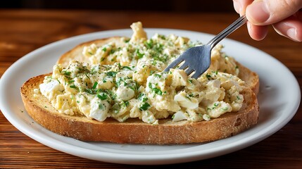 Close-up of egg salad atop toast, a fork sampling; a delicious snack