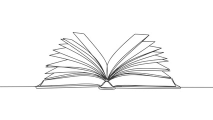 A minimalist line drawing of an open book with many pages fanned out, symbolizing knowledge and learning.