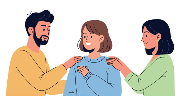 Supportive friends comforting young caucasian female in emotional moment