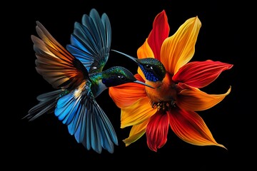 Naklejka premium Two vibrant hummingbirds hovering near a red and yellow flower with wings spread wildlife flight