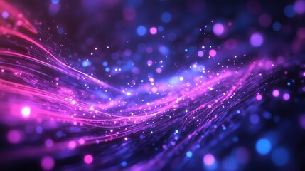 Abstract background showing bright glowing waves and numerous sparkling particles illustrating concepts of data flow, network communication, and futuristic technology