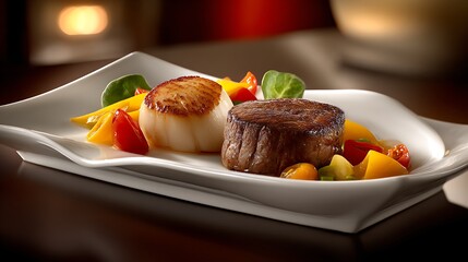 Close-up of fine dining a plate with pan-seared scallop, steak, colorful vegetables