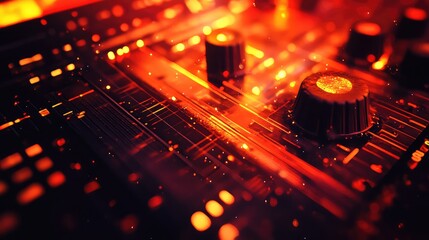 Electronic mixer board with glowing lights and vibrant bokeh creating an abstract technology background, symbolizing digital music production and energetic soundscapes