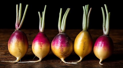 Close-up of five fresh, colorful radishes on a wooden surface against a dark backdrop