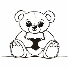 Fototapeta premium Cute teddy bear holding heart black and white cartoon 1