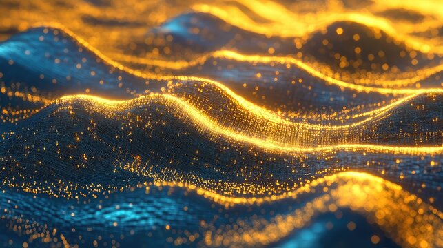 Glowing particles and lines form a dynamic, undulating surface, representing concepts like big data, network connections, artificial intelligence, and futuristic technology