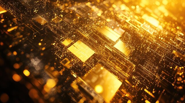 Golden circuit board vista with glowing particles and interconnected lines sweeping across a futuristic microchip landscape, symbolizing data flow, computing power and networked systems - Powered by Adobe