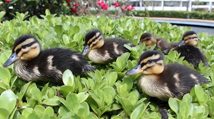 Close-up of fluffy baby ducks nestled among green leaves with a hint of red flowers