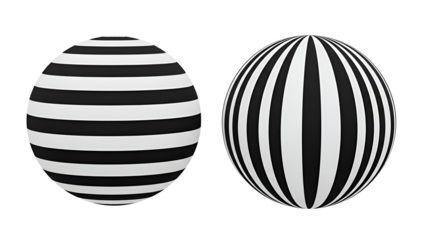 Two contrasting spheres with horizontal and vertical black and white stripes