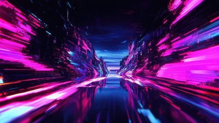 Abstract digital landscape showing vibrant neon light trails reflecting on a glossy surface, creating a dynamic and immersive futuristic journey through a data tunnel