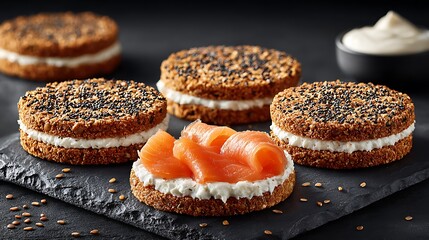 Close-up of four delicious gourmet sandwiches on a dark slate board. Salmon topping