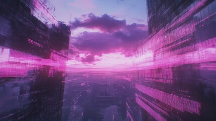 Abstract futuristic city with towering skyscrapers displaying vibrant pink and magenta digital patterns and lines, reflecting a dramatic purple and pink sunset sky