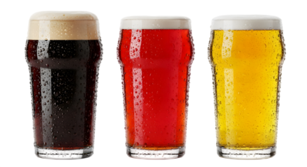Three Glasses of Beer Showing Variety of Flavors Isolated on transparent background